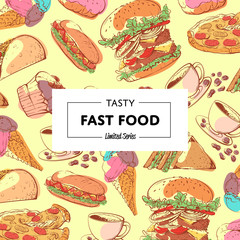 Tasty fast food poster with takeaway snacks. Restaurant menu cover, delicious street food vector illustration. Taco, donut, hot dog, cup of coffee, ice cream, pizza, hamburger and sandwich doodles.