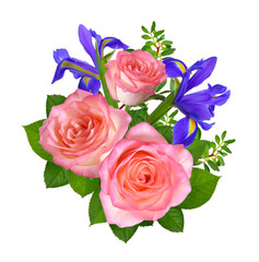 Composition with pink roses and blue iris. Isolated on white background