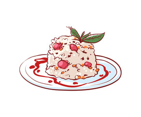 Delicious tiramisu icon isolated on white background. Italian cuisine dishes label, restaurant menu design element vector illustration.