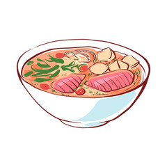 Soup with seafood icon isolated on white background. Japanese cuisine dish label, asian fish restaurant menu element, famous oriental food vector illustration.