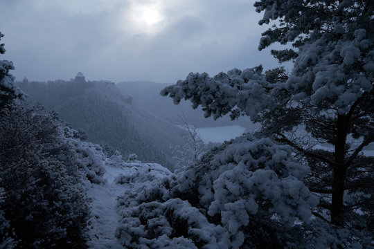 Fototapeta Winter landscape, forest and mountains during the snowfall, winter dream and winter fairytale