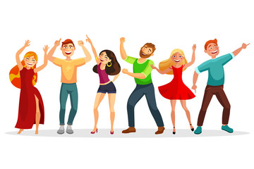 Happy people dancing in various poses vector flat illustration. Men and women dancing together isolated on white background. Group of people at the party.