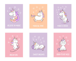 Cute unicorn greeting cards with quotes and magical symbols