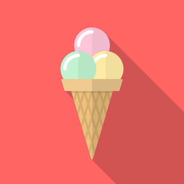 Ice cream cone icon with long shadow. Flat design style. Ice cream simple silhouette. Modern, minimalist icon in stylish colors. Web site page and mobile app design vector element.