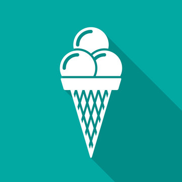 Ice cream cone icon with long shadow. Flat design style. Ice cream simple silhouette. Modern, minimalist icon in stylish colors. Web site page and mobile app design vector element.