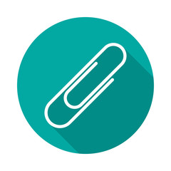 Paper clip circle icon with long shadow. Flat design style. Paper clip simple silhouette. Modern, minimalist, round icon in stylish colors. Web site page and mobile app design vector element.