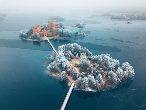 Trakai Island Castle, winter season, aerial view. History Museum.