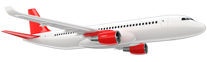 High detailed white airliner with a red tail wing, 3d render on a white background. Airplane Take Off, isolated 3d illustration. Airline Concept Travel Passenger plane. Jet commercial airplane