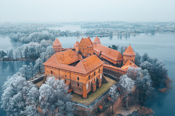 Trakai Island Castle, winter season, aerial view. History Museum.