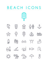 Set of Quality Isolated Universal Standard Minimal Simple Beach Black Thin Line Icons on White Background