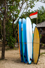 Set of different color surf boards in a stack by ocean.Bali.Indonesia. Surf boards on sandy beach. On Weligama beach surf is available all year around for beginner and advanced.