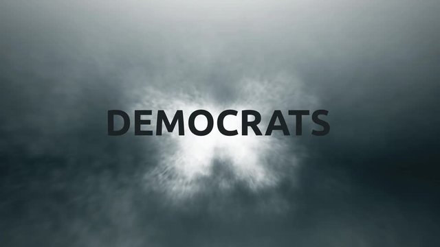 Flying through a field of animated Rainy Clouds with text-democrats