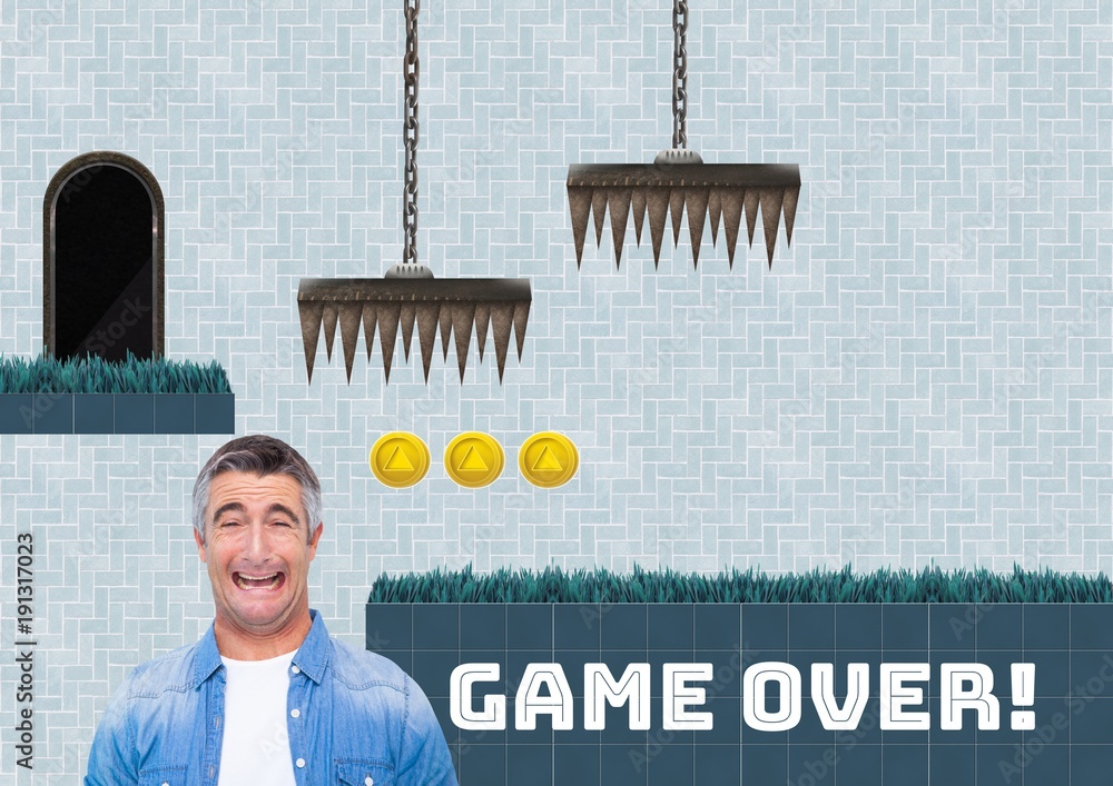 Aufkleber game over text and disappointed man in computer game level with