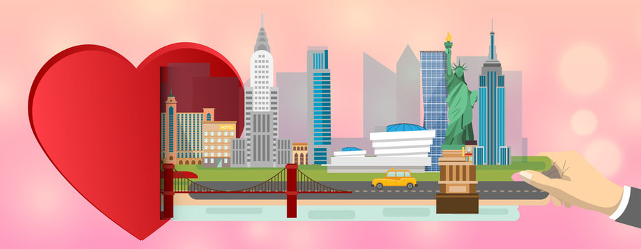  Heart with landmarks of New york .Love travel love USA. February 14 Valentine's Day