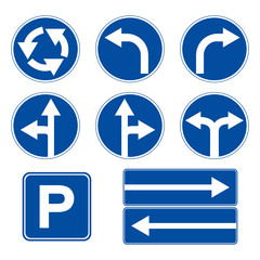 Road sign. Parking sign. Sign of the direction of movement.