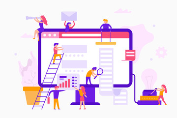 Small people around a monitor make a web site infographic. Teamwork business concept. Business workers together in minimal design vector flat illustration.