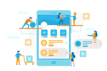 Fototapeta na wymiar Small people around a smartphone make a UI UX process infographic. Teamwork business concept. Business workers together in minimal design vector flat illustration.
