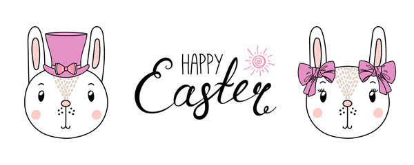 Hand drawn vector portrait of a cute funny bunnies in hats, with ribbons, text Happy Easter, eggs. Isolated objects on white background. Vector illustration. Design concept for children, celebration.