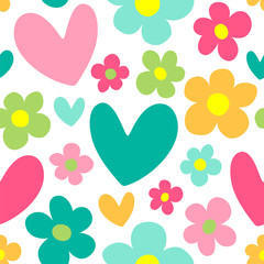 Cute background with hearts and flowers. Seamless vector pattern.