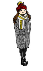 Cute doodle girl. Sketchy style. Hand drawn vector isolated illustration on a white background.