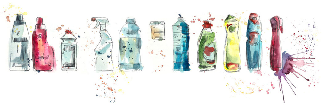 Different bottles. Household chemicals. Watercolor hand drawn illustration