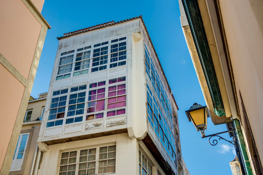 Wooden glazed windows in A Coruna, Galicia, Spain.