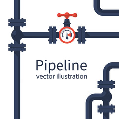 Pipeline background. Pipe system with valves for water of gas oil. Vector illustration flat design. Isolated on white industrial background.