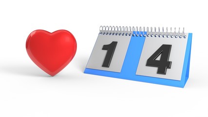 February 14 calendar and heart, 3d rendering