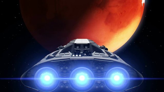 Destination Mars. Giant Spaceship flies to Planet, engines flashing, 3d animation. Texture of the Planet was created in the graphic editor without photos and other images.
