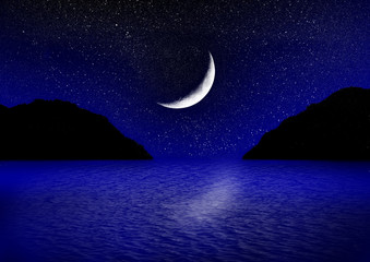 Obraz na płótnie Canvas Half of moon in the star sky reflected in water