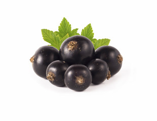 Selective focus. Blackcurrant with copy space for text. Ripe and tasty black berry isolated on white. Currant on a white background.