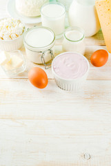 Healthy food concept. Set of dairy products light blue background copy space