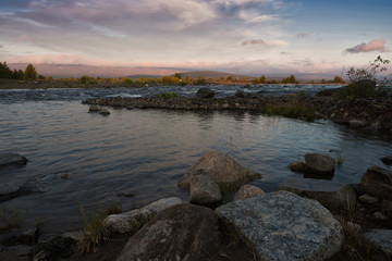 Sunset or sunrise on river. Long exsposition