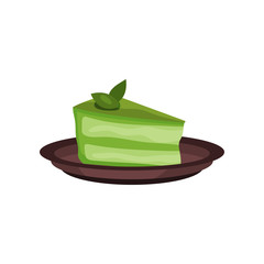 Piece of cake with matcha green tea, element of chinese or japanese tea ceremony cartoon vector Illustration