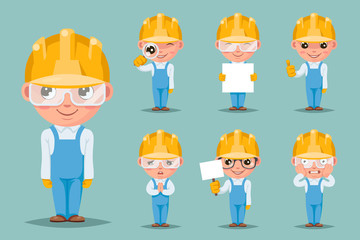 Builder engineer technician mechanic cute mascot happy support approval cartoon characters set design vector illustration
