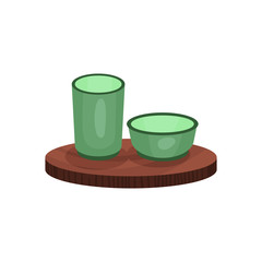 Green teacups on bamboo wooden trivet, tea ceremony element cartoon vector Illustration