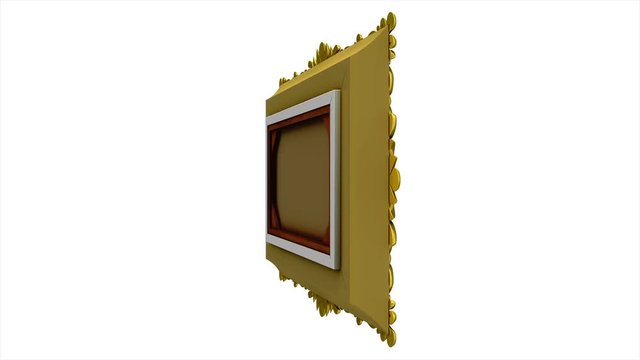 Rapid rotation of the gold picture frame on white background. 3D animation with tv noise and green screen, seamless loop.
