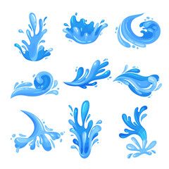 Blue sea, ocean waves set, powerful water stream vector Illustrations