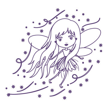 girly fairy flying with wings and long hair and stars in purple contour over white background vector illustration