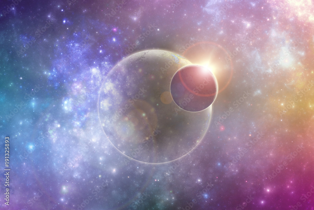 Wall mural fantasy deep space planets in colorful celestial clouds, 3d illustration