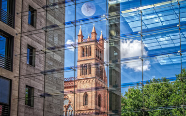 Friedrichswerder Church in Berlin, shot through the glass wall from inside the modern building