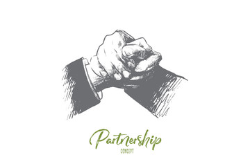 Partnership concept. Hand drawn friendly handshake between business partners. Handshaking as symbol of successful agreement isolated vector illustration.