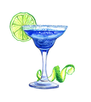 Cocktail with martini blue, watercolor drawing on white background, isolated with clipping path.