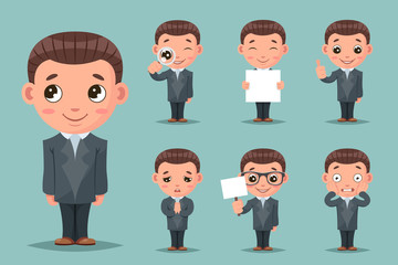 Cute businessman mascot happy support approval cartoon characters set design vector illustration