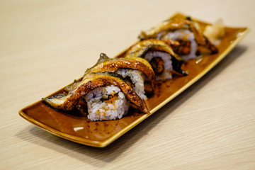Unagi sushi rolls on plate,Japanes style