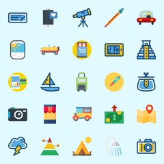 Icons set about Travel with storm, telescope, shower, smartphone, thermometer and car