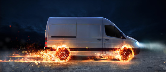 Super fast delivery of package service with van with wheels on fire