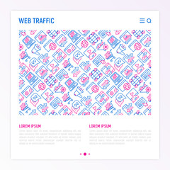 Web traffic concept with thin line icons: SEO technology, data exchange, sync, click, mobile backup, traffic speed, sales growth. Modern vector illustration for banner, print media, web page.