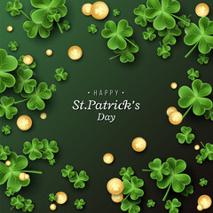 St. Patrick's Day card. Clover leaves with coins on dark green background for greeting holiday design. Vector illustration.