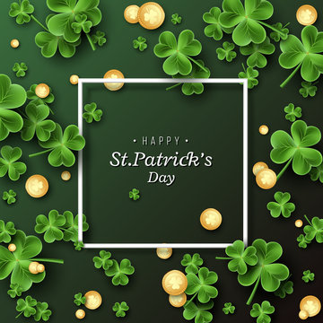 St. Patrick's Day card. Clover leaves with coins on dark green background for greeting holiday design. Vector illustration.